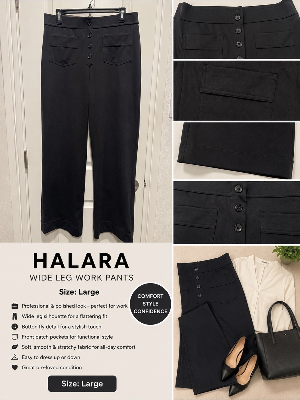 HALARA Black Wide Leg Work Pants with Button-Fly